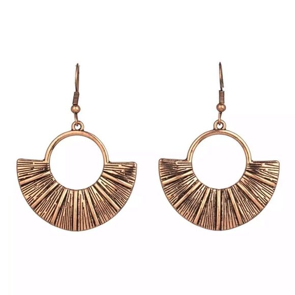 Copper Boho Fan Drop Earrings Tribal Geometric - Picture 3 of 4